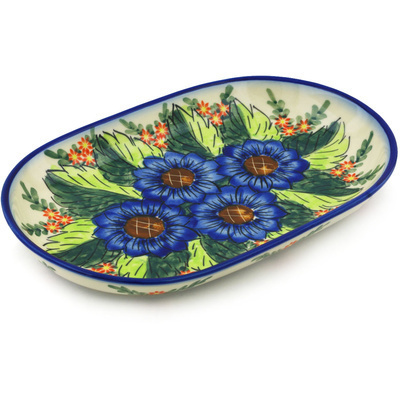 Polish Pottery Platter 11&quot; Blue Bouquet UNIKAT