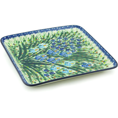 Polish Pottery Platter 11&quot; Blue Iris Delight UNIKAT