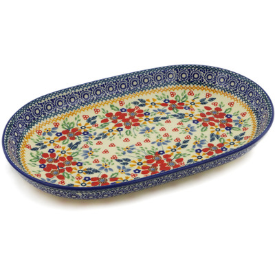 Polish Pottery Platter 11&quot; Ruby Bouquet UNIKAT