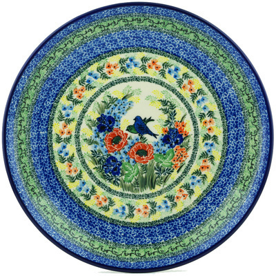 Polish Pottery Platter 12&quot; Blue Bird Meadow UNIKAT