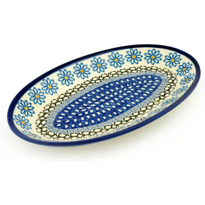 Polish Pottery Platter 12&quot; Blue Daisy Chain