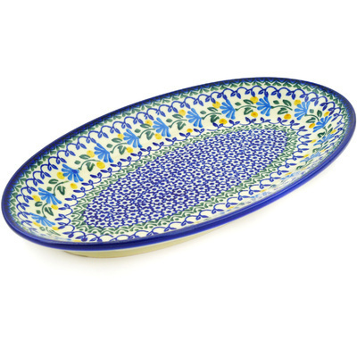 Polish Pottery Platter 12&quot; Blue Fan Flowers