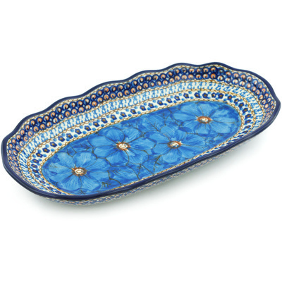 Polish Pottery Platter 12&quot; Blue Poppies UNIKAT