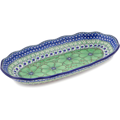 Polish Pottery Platter 12&quot; Green Pansies UNIKAT