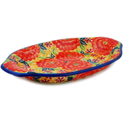 Polish Pottery Platter 12&quot; Red Fantasy UNIKAT