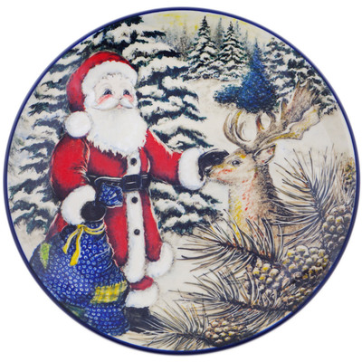 Polish Pottery Platter 12&quot; Santa And His Reindeer UNIKAT