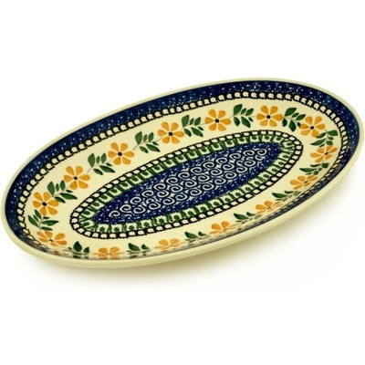 Polish Pottery Platter 12&quot; Yellow Daisy Swirls