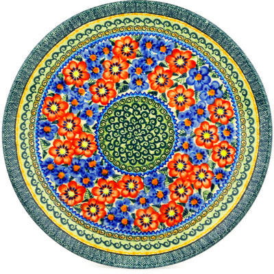 Polish Pottery Platter 13&quot; Blue And Red Poppies UNIKAT