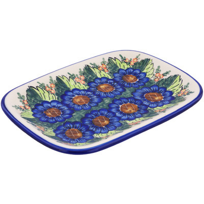 Polish Pottery Platter 13&quot; Blue Bouquet UNIKAT