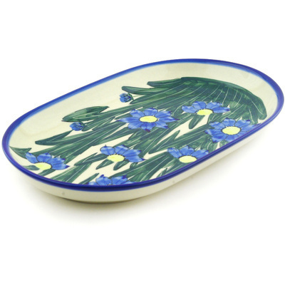 Polish Pottery Platter 13&quot; Blue Coneflower UNIKAT