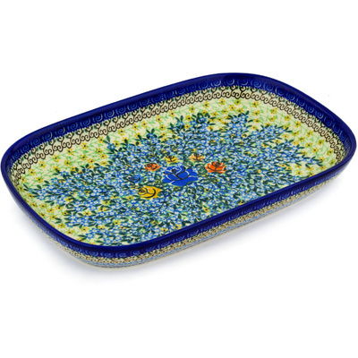 Polish Pottery Platter 13&quot; Bluebonnets And Roses UNIKAT