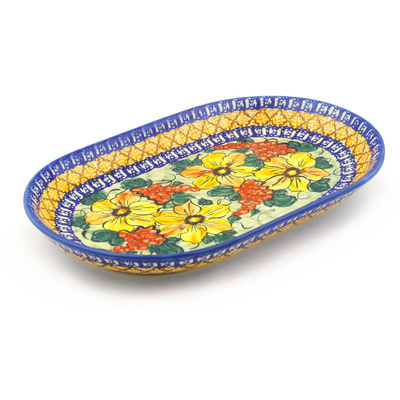 Polish Pottery Platter 13&quot; Colorful Bouquet UNIKAT
