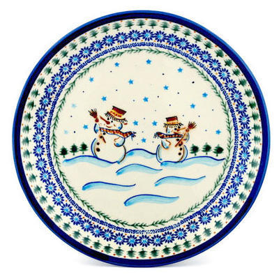 Polish Pottery Platter 13&quot; Friendly Snowmen