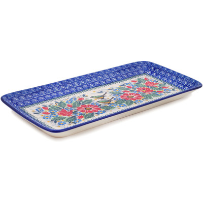 Polish Pottery Platter 13&quot; Green Bird Meadow UNIKAT