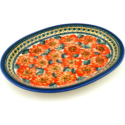 Polish Pottery Platter 13&quot; Peach Poppies UNIKAT