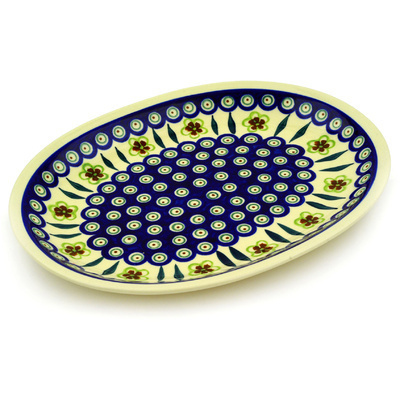 Polish Pottery Platter 13&quot; Peacock Garden