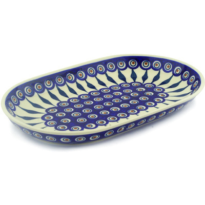 Polish Pottery Platter 13&quot; Peacock Leaves