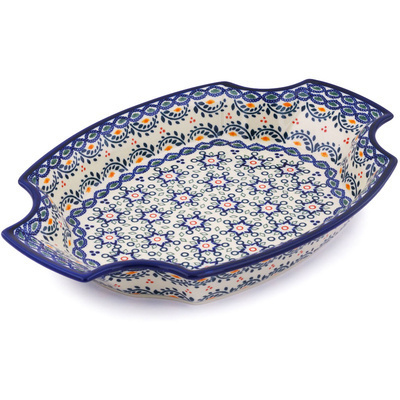 Polish Pottery Platter 13&quot; Tatted Flower UNIKAT