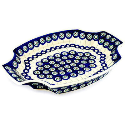 Polish Pottery Platter 13&quot; Traditional Peacock