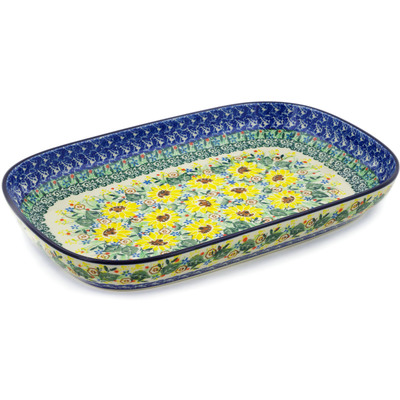 Polish Pottery Platter 13&quot; Yellow Garden UNIKAT
