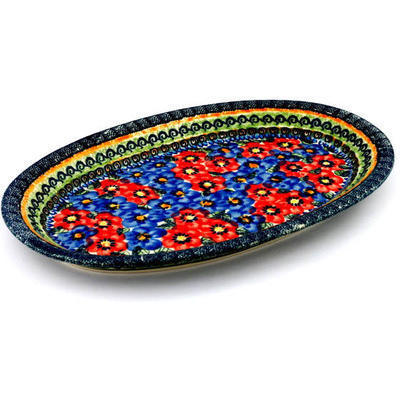 Polish Pottery Platter 14&quot; Blue And Red Poppies UNIKAT