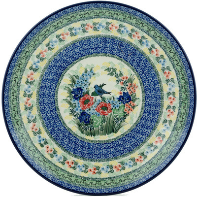 Polish Pottery Platter 14&quot; Blue Bird Meadow UNIKAT