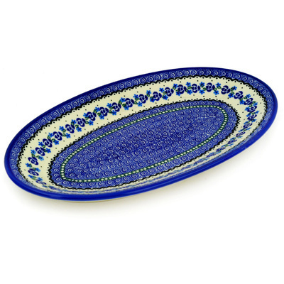 Polish Pottery Platter 14&quot; Blue Bud Sea