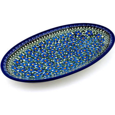 Polish Pottery Platter 14&quot; Blue Daisy Dream UNIKAT