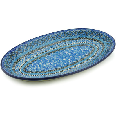 Polish Pottery Platter 14&quot; Blue Kaleidoscope UNIKAT