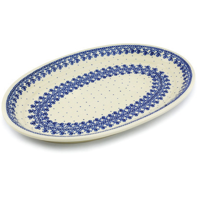 Polish Pottery Platter 14&quot; Blue Lace Vines