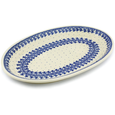 Polish Pottery Platter 14" Blue Lace Vines