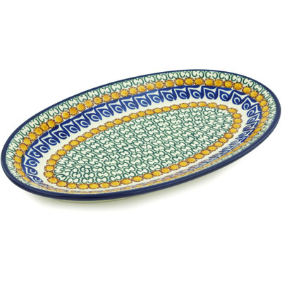 Polish Pottery Platter 14&quot; Blue Leaves