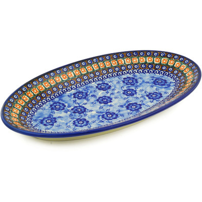 Polish Pottery Platter 14&quot; Dancing Blue Poppies UNIKAT
