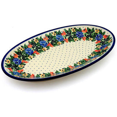 Polish Pottery Platter 14&quot; Dotted Floral Wreath UNIKAT