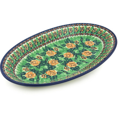 Polish Pottery Platter 14&quot; Golden Floral UNIKAT