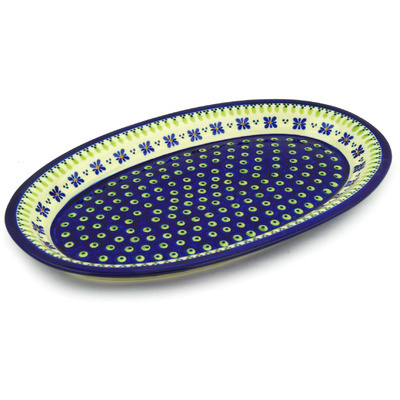 Polish Pottery Platter 14&quot; Green Gingham Peacock