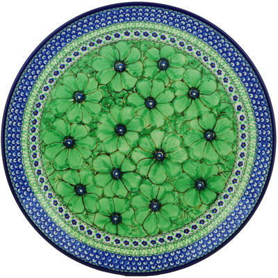 Polish Pottery Platter 14&quot; Green Pansies UNIKAT