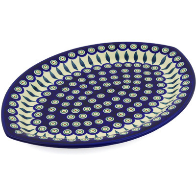 Polish Pottery Platter 14&quot; Peacock Leaves