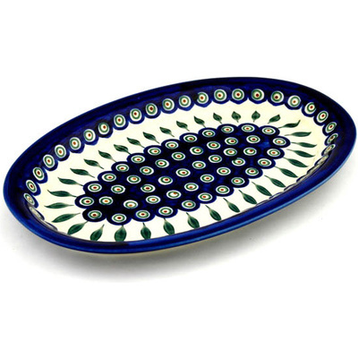 Polish Pottery Platter 14&quot; Peacock Leaves