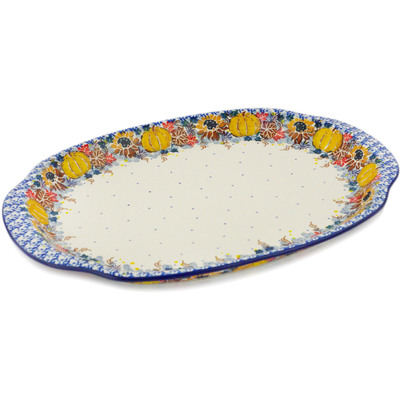 Polish Pottery Platter 15&quot; Autumn Falling Leaves UNIKAT