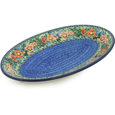 Polish Pottery Platter 15&quot; Blue Daisy Bouquet UNIKAT