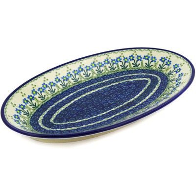 Polish Pottery Platter 15&quot; Blue Daisy Circle