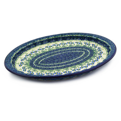 Polish Pottery Platter 15&quot; Blue Daisy Circle