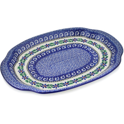 Polish Pottery Platter 15&quot; Blue Daisy Swirls