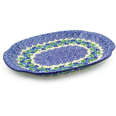 Polish Pottery Platter 15&quot; Blue Phlox