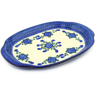Polish Pottery Platter 15&quot; Blue Poppies