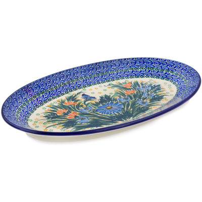 Polish Pottery Platter 15&quot; Butterfly Blues UNIKAT