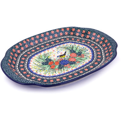 Polish Pottery Platter 15&quot; Garden Bird UNIKAT