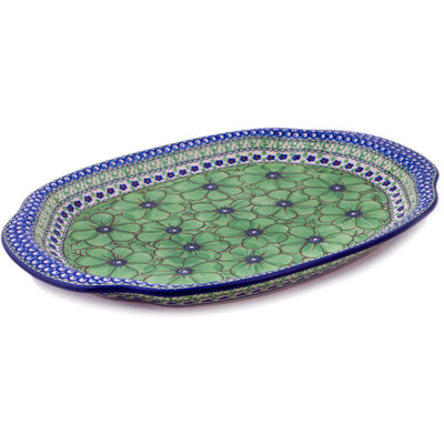 Polish Pottery Platter 15&quot; Green Pansies UNIKAT