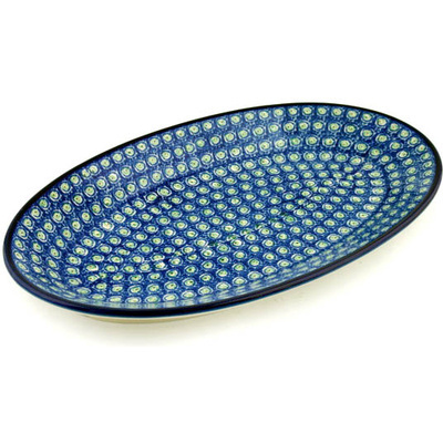 Polish Pottery Platter 15&quot; Green Peacock Feather